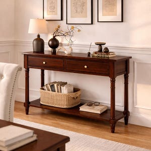May include: A dark wood console table with two drawers, a lower shelf, and turned legs. A woven basket filled with books sits on the shelf. The table is decorated with a lamp, vase, and framed artwork.