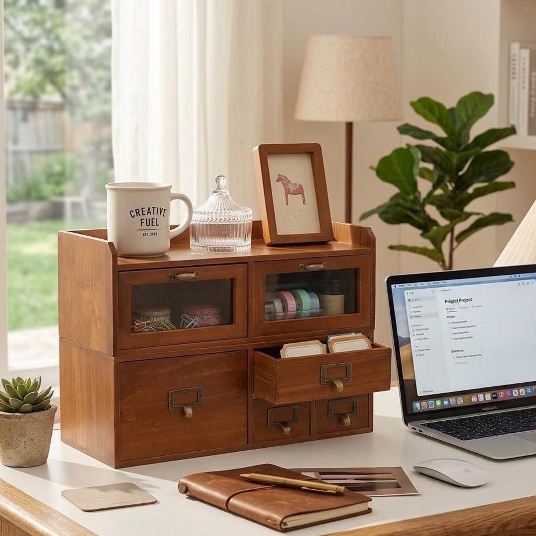 Vintage Solid Wood Desktop Organizer, Rustic Desk Storage Box, Office ...