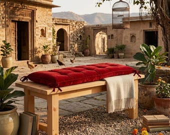 Rood fluwelen bankkussen met stropdassen | Getuft stoelkussen zitkussen | Handgemaakte stoelkussen voor raam | Boerderij Boho Woondecoratie Zitplaatsen