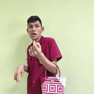 Ruby Ripple Mini - Handwoven Recycled Plastic Tote Bag: Sustainable Thai Design  (Small Size)