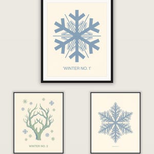 Könnte beinhalten: Ein Set aus drei gerahmten Wandbildern auf cremefarbenem Hintergrund. Das obere Bild zeigt eine blaue Schneeflocke und den Text 'WINTER NO. 1'. Das untere linke Bild zeigt ein grünes Geweih und kleine Schneeflocken mit 'WINTER NO. 2'. Rechts unten ist eine blaue Schneeflocke.