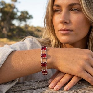 Elegant Emerald-Cut Ruby Red Stone Silver-Plated Bracelet for Women