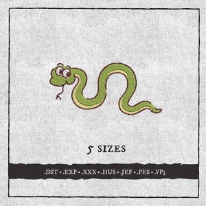 May include: A cartoon-style green snake with a yellow outline and big eyes. The snake is in a curved pose. The text "5 SIZES" is below the snake, with a black bar containing file type extensions at the bottom.