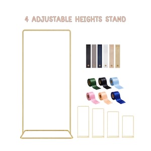 May include: A gold-colored metal rectangular stand with 4 adjustable heights, accompanied by a collection of twelve fabric ribbon rolls in various solid colors including black, gray, navy, white, beige, gold, green, pink, and blue.
