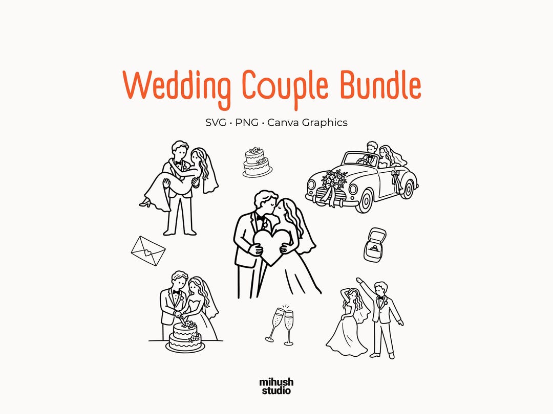 Wedding Couple SVG Bundle, Hand Drawn Bride and Groom Clipart for Canva ...