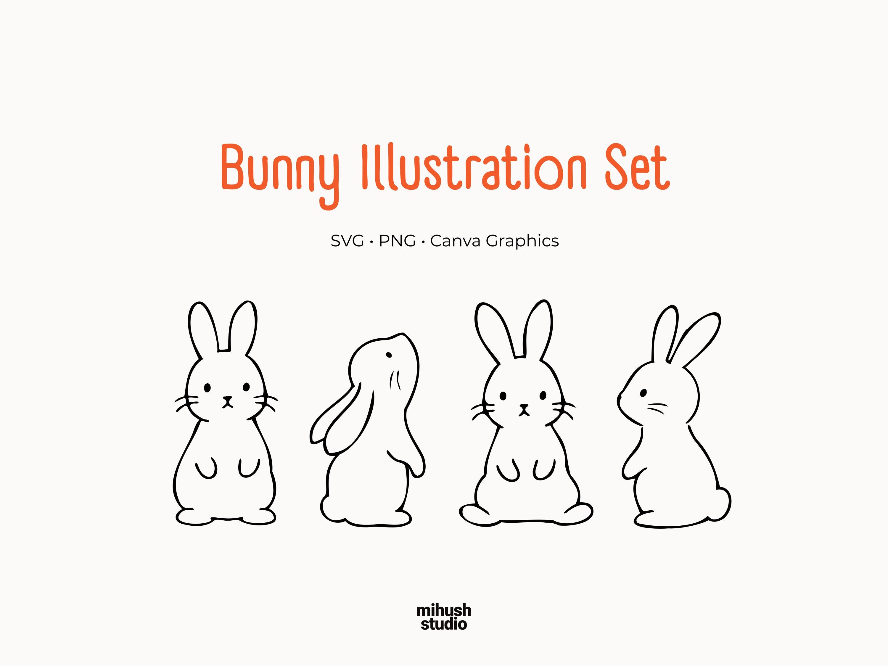 Bunny Illustration Set, Hand Drawn Bunny SVG PNG, Rabbit Clipart, Cute ...