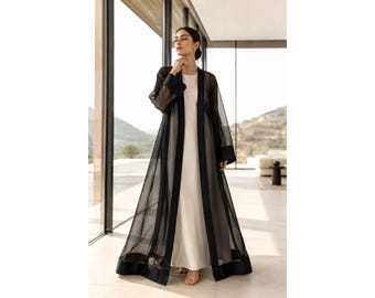 Chaqueta tipo kimono maxi transparente hecha a mano con superposición de organza negra / Abrigo largo de lujo con frente abierto / Chaqueta discreta para superponer capas / Bata elegante de organza