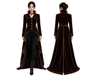 Abrigo gótico de terciopelo marrón para mujer (solo el abrigo), frac de vampiro victoriano, chaqueta steampunk renacentista, disfraz para bodas y festivales.