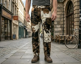 Spodnie z prawdziwej skóry bydlęcej, spodnie z imitacją skóry bydlęcej, spodnie ze skóry licowej w stylu western, spodnie z krowim nadrukiem, styl rustykalny kowbojski