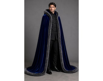 Capa con capucha de terciopelo azul real, capa con ribete de piel sintética, capa de fantasía medieval, capa vikinga, disfraz renacentista, capa de boda gótica, atuendo para LARP