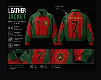 Chaqueta de cuero de Portugal con nombre y número personalizados / Chaqueta bomber de cuero inspirada en el fútbol / Chaqueta personalizada para aficionados al fútbol / Abrigo de cuero personalizado para equipos