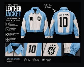 Argentina Inspired Leather Bomber Jacket, Sky Blue White Varsity Jacket, Soccer Fan Jacket, Retro Sports Leather Coat, Streetwear Gift