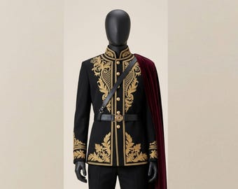 Traje de boda de príncipe, sherwani de novio bordado real, traje de boda de lujo estilo militar, atuendo de boda regio para hombre, traje de recepción de maharajá
