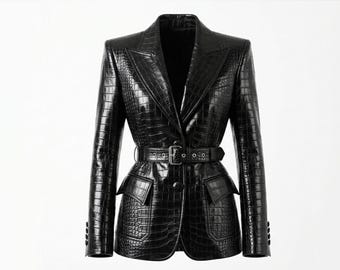 Black Croc Embossed Leather Blazer, Genuine Leather Jacket Women, Belted Leather Coat, Luxury Statement Blazer, Designer Style Jacket