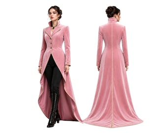 Abrigo romántico gótico de terciopelo para mujer, frac victoriano rosa, chaqueta de disfraz steampunk de vampiro pirata, abrigo de cosplay para Halloween.