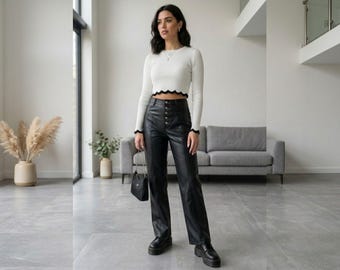Pantalones de cuero auténtico negro, pantalones de cuero de talle alto, pantalones de pierna recta, estilo urbano minimalista, pantalones de cuero para mujer