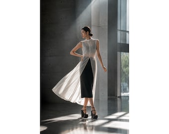 Vestido de organza superpuesto hecho a mano, vestido maxi de organza transparente con chaleco, vestido minimalista de capas, atuendo de boda vanguardista, moda moderna y llamativa.