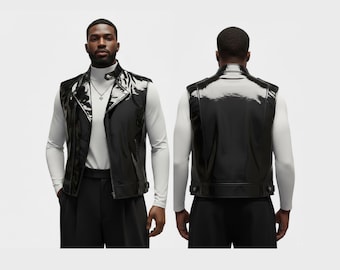 Colete masculino de couro preto feito à mão, estilo motociclista punk streetwear.