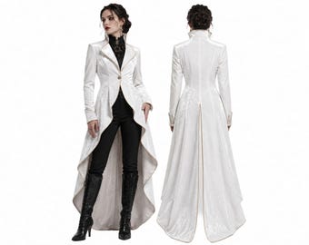 Abrigo gótico blanco de terciopelo, frac victoriano unisex, chaqueta romántica de vampiro, cosplay de boda steampunk, botones desgastados