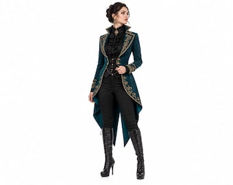 Chaqueta de frac de terciopelo gótico Steampunk, abrigo de príncipe pirata para boda, abrigo largo de vampiro para mujer, disfraz victoriano de cosplay, matriz de húsares
