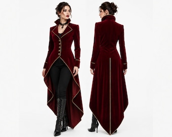 Frac gótico victoriano rojo burdeos para mujer, estilo steampunk, abrigo largo de terciopelo, chaqueta de bruja, cosplay, estilo academia oscura, boda, atuendo ecuestre formal.