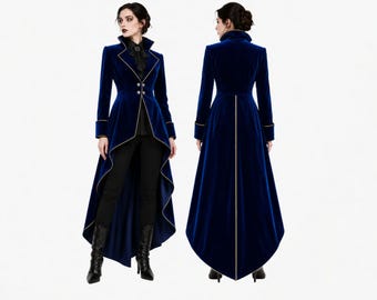 Abrigo romántico gótico de terciopelo azul para mujer, frac de vampiro victoriano, chaqueta de pirata steampunk, abrigo para disfraz de cosplay de Halloween.