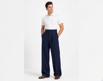 Pantalones de vestir de algodón azul para hombre, pantalones plisados de cintura alta, pantalones formales de pierna ancha, pantalones de traje azul marino, pantalones para bodas y oficina.