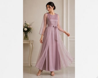 Vestido de organza rosa empolvado para mujer, vestido formal modesto, vestido largo con mangas tipo capa transparente, elegante vestido para invitada de boda, vestido de dama de honor
