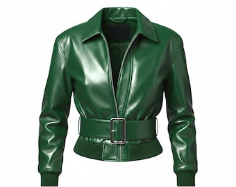 Chaqueta de cuero verde para mujer: abrigo motero corto de cuero genuino con cinturón para mujer
