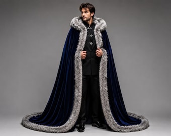 Capa de terciopelo azul real con ribete de piel sintética, capa medieval unisex, capa para disfraz de fantasía, capa para feria renacentista, capa de invierno para bodas y cosplay.