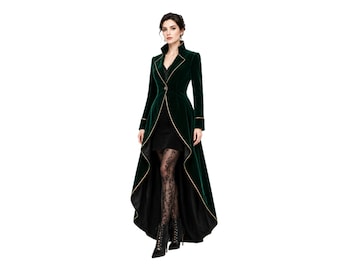 Abrigo gótico de terciopelo verde oscuro para mujer, frac de vampiro victoriano, chaqueta de disfraz de bruja pirata renacentista steampunk, botones desconchados.