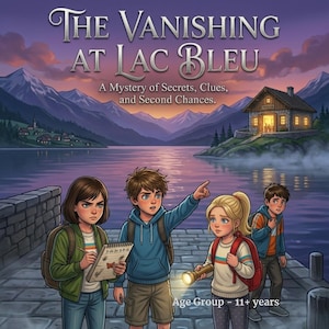 May include: Book cover illustration for "The Vanishing at Lac Bleu." The image features four children on a lake dock, with a mountain and lake backdrop. Text includes the title, subtitle, and age group.