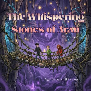 May include: Illustration of a book cover titled "The Whispering Stones of Aran." Three children walk across a rope bridge in a cave. The background is a purple and blue cave with glowing lights. The text "Age Group + 11+ years" is at the bottom.