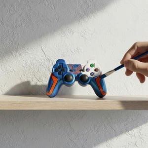 May include: A blue and orange video game controller with a circuit board design. The controller is on a wooden shelf. A paintbrush is held near the controller, as if painting it.