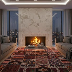 Peut inclure: Intérieur de salon avec cheminée en marbre et feu de bois. Deux canapés gris encadrent la cheminée, et un tapis à motifs rouges, bruns et noirs recouvre le sol. Une table basse en verre est placée devant la cheminée.