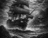 Pirate Ship Lithophane STL | Stormy Seas Skull Island 3D Print File (Digital Download)