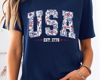 Floral USA Bella Canvas Women V-Neck Shirt, 4th Of July Vneck Tee, Independence Day Tshirt, 250 Years America Gift