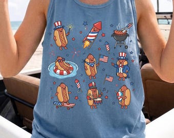 Comfort Colors 4th of July Hot Dog Tank Top Patriotic BBQ Graphic Tee American Flag Fireworks Shirt Funny Fourth Of July Holiday Tshirt