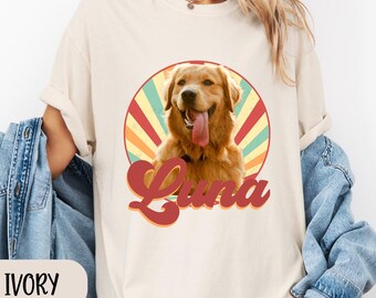 Custom Retro Pet Photo T-Shirt, Personalized Vintage Pet Portrait Tee with Name, Custom Dog or Cat Photo Gift, Christmas Gift Shirt