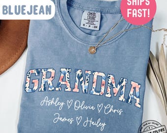 Personalized Grandma Comfort Colors Shirt Floral Grandma Shirt with Grandkid Names Custom Grandma Gift for Grandma Mothers Day Gift Grammy