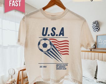 Comfort Colors 90s United States of America Soccer Team Boxy Tee, Retro USA Team Graphic Crop Tee