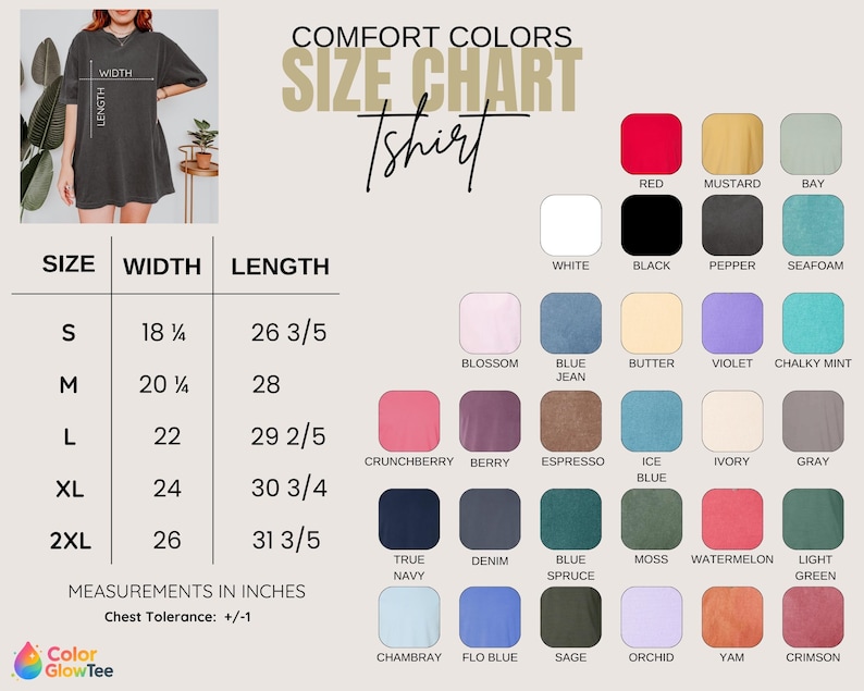 May include: A Comfort Colors size chart for a t-shirt, featuring a table with width and length measurements in inches for sizes S through 2XL. The image displays a grid of thirty-two color swatches with labels including red, black, and blue.