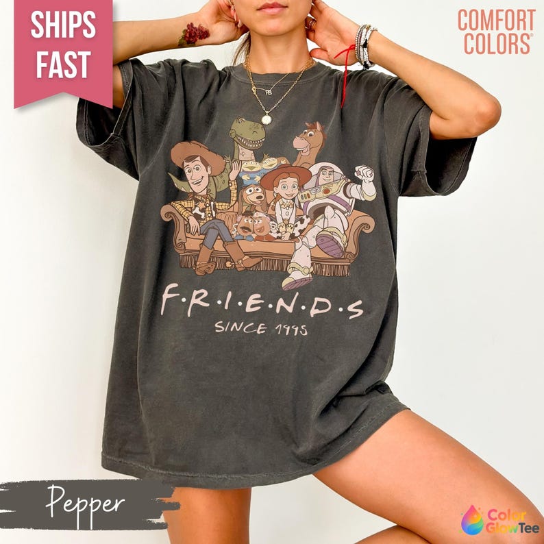 May include: A charcoal gray short-sleeve t-shirt featuring a graphic print of various animated characters sitting on a couch. Below the characters, the text reads F R I E N D S and SINCE 1995. The shirt has a relaxed fit and a crew neckline.