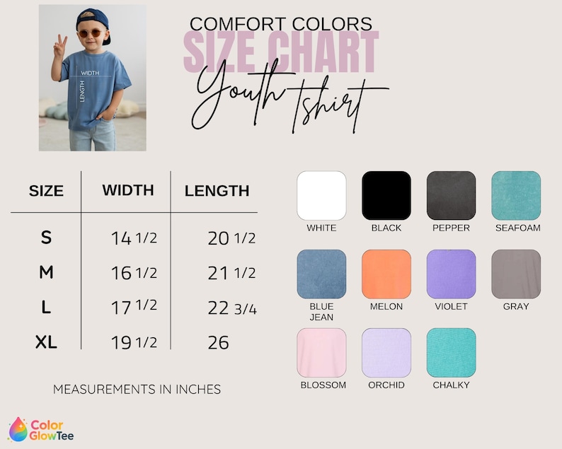 May include: A Comfort Colors youth t-shirt size chart featuring a table with width and length measurements in inches for sizes S, M, L, and XL. The chart displays eleven color swatches including white, black, pepper, seafoam, blue jean, melon, violet, gray, blossom, orchid, and chalky.