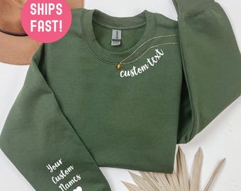 Custom Text on the Neck and Names on the Sleeve Sweatshirt, Personalized Names Initials on Sleeve, Custom Crewneck Sweatshirt, Gifts For Mom