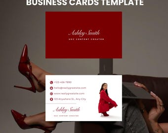 以下が含まれることがあります： 赤色の背景に「Ashley Smith, UGC Content Creator」というテキストが入った名刺テンプレート。連絡先情報と赤い服を着た人の写真も含まれています。「Download」という単語も表示されています。