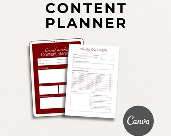 May include: A digital content planner on a tablet with a matching printed weekly overview sheet. The tablet and sheet have a red and white color scheme. The tablet displays "Social media content planning" and the sheet has a weekly posting schedule.