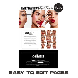 以下が含まれることがあります： 「Emily Mathews Ugo Creator」と「Canva」のテキストが入ったデジタルマーケティングテンプレート。メイクアップをしている人の画像、そして「About Me」と「Services」というセクションがあります。「Easy to Edit Pages」という言葉が一番下にあります。