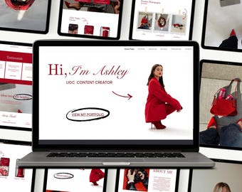 以下が含まれることがあります： 「Hi, I'm Ashley, UGC Content Creator」のテキストと「View My Portfolio」ボタンが表示されたウェブサイトを映すラップトップ。ラップトップの周りには、ウェブサイトのコンテンツを表示するタブレットと携帯電話があり、すべて赤と白の配色です。
