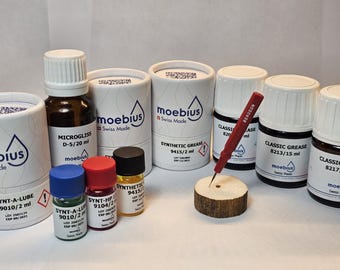 Kit de inicio de aceite para relojes: Aceites suizos Moebius reenvasados de 0,2 ml, engrasador Bergeon y recipiente para aceite.